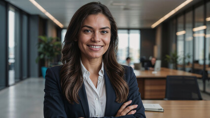 Young businesswoman standing confidently in an office environment, arms crossed, with a friendly and professional demeanor