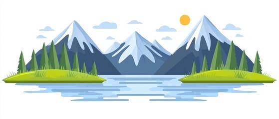 Wall Mural - Tranquil landscape with towering mountains, lush greenery, and a serene lake under a bright sun during a clear day