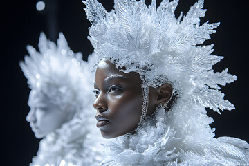  Closeup woman face with jewelry and hat made of snowflakes fashion shot