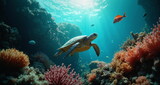 Podwodny świat raf koralowych. Grafika przedstawia bogactwo życia kryjące się w oceanach. Widzimy kolorowe rybki i stworzenia wodne.  Na pierwszym planie znajduje się żółw morski.