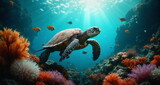Podwodny świat raf koralowych. Grafika przedstawia bogactwo życia kryjące się w oceanach. Widzimy kolorowe rybki i stworzenia wodne. Na pierwszym planie znajduje się żółw morski.