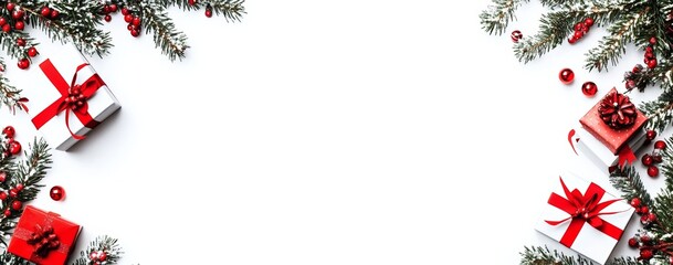 Christmas decorations with gifts and red ribbons on a white background, creating a festive banner design with ample space for text in the center, ideal for holiday promotions.