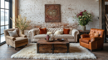 Weathered old brick wall in a Japanese-style living room 2