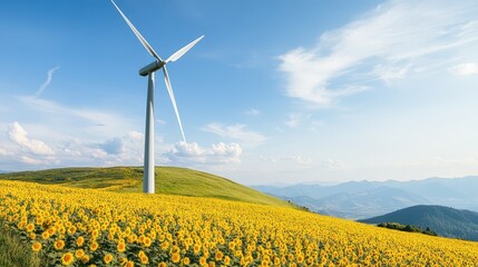 A serene landscape featuring a wind turbine amidst vibrant sunflowers under a clear blue sky, symbolizing renewable energy.