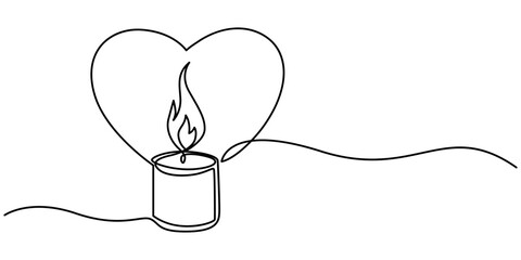 Continuous line drawing.Candles and heart. Black isolated on white background. Hand drawn vector illustration, Candle with a heart. One line vector illustration. Love, romantic. Simple black and white