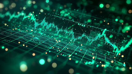 Abstract digital green data grid with glowing lights and a chart of financial statistics in the center.