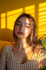 Poster - A woman sitting on a yellow couch in front of a window