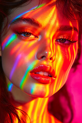 Sticker - A woman with bright makeup and colorful lights on her face