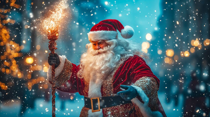 Poster - A man dressed as Santa Claus holding a sparkler in his hand