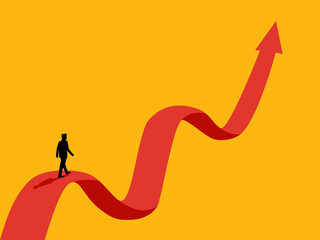 Overcoming obstacles to grow. Businessman on volatility graph