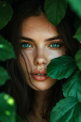 Poster - A woman with green eyes peeking out from behind a leafy green plant