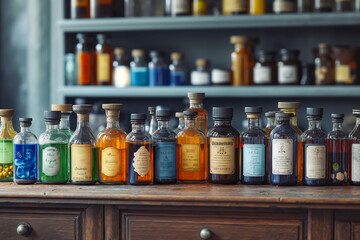 A row of bottles filled with different colored liquids sitting on top of a wooden cabinet