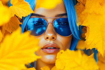 Canvas Print - A woman with blue hair and sunglasses surrounded by yellow leaves