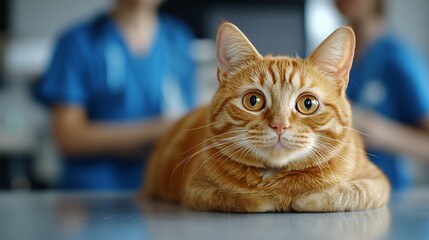 Orange tabby cat on examination table with two veterinarians blurred in background.