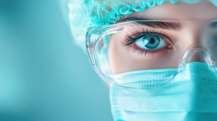 A person wearing a face mask, gloves, and safety glasses in a sterile environment, representing healthcare protection.