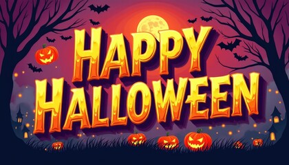 Wall Mural - Halloween background with text Happy Halloween. Colorfull poster in cartoon style