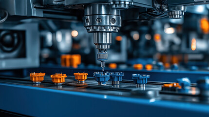 Wall Mural - Close-up of an industrial CNC machine drilling components on a production line, showcasing precision engineering and automation.