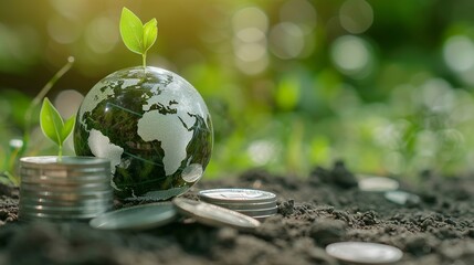 Growing seedlings on silver coin stack with green globe in background, symbolizing sustainable finance, carbon credits, and eco-friendly investment for a greener future