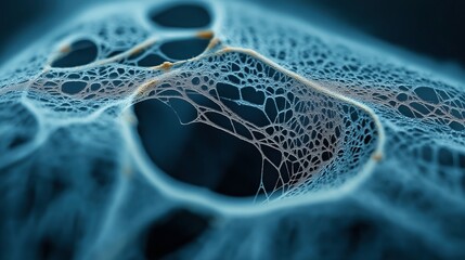 Close-up abstract image of a delicate, intricate lace-like structure with a blue and black color palette, resembling a magnified natural or organic pattern.