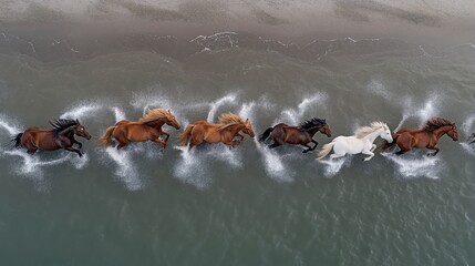 Aerial view of a group of seven horses galloping along the shore, splashing through shallow water at the beach.