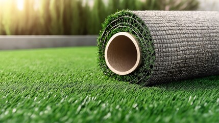 Close-up of a rolled artificial grass mat on a lawn with a blurred background, showing texture and outdoor setting.