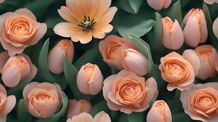 Sticker - Soft pastel roses and tulips in blush pink and peach tones, gently surrounded by fresh green leaves, seamless floral design, hd quality, delicate petals and leaves, soft shadows and glowing light,