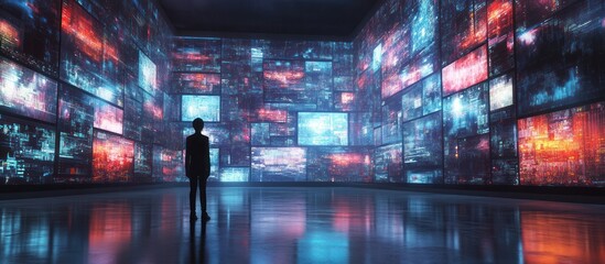 Wall Mural - a person standing in a room surrounded by screens displaying digital data.