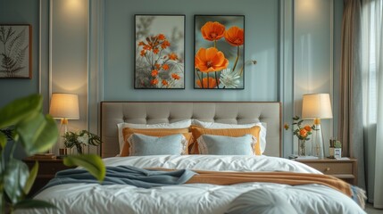 Wall Mural - Cozy bedroom retreat with orange floral art and soft pastel tones inviting relaxation and comfort. Generative AI