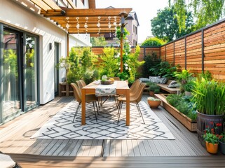 Modern contemporary garden with a wooden terrace, a dining table and chairs on a grey deck, and a white patterned rug, surrounded by potted plants and a wood fence. Sunny day.