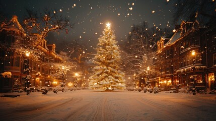 Wall Mural - Enchanting winter night featuring a beautifully illuminated Christmas tree in a snowy town square. Generative AI