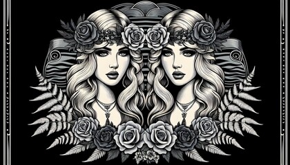 american traditional symmetrical design front view of 2 blonde gypsy ladies,20s light makeup \u0026 bold black lashes,thick tapered brows,\u0026 grey roses \u0026 fern make a wreath around them both. 