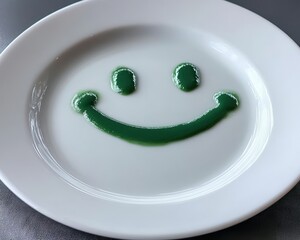 A cheerful smiley face created with green sauce on a white plate, perfect for food and happiness themes.