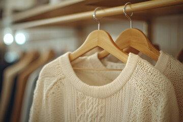 Brown woolen sweater hanging on a hanger