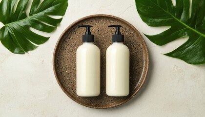 Two white lotion bottles on a decorative plate with tropical leaves.