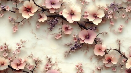 Wall Mural - Vintage floral vines in soft pastel tones of blush pink, cream, and light lavender, flowing in a seamless pattern, hd quality, delicate flower and leaf details, soft textured background,