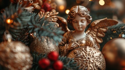 Wall Mural - Delicate golden angel statue amidst shimmering Christmas ornaments in a festive holiday setting. Generative AI