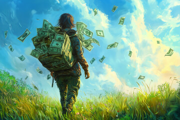 A person walks away from a field with money falling from the sky.