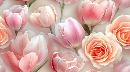 Poster - Watercolor tulips and roses in soft pastel hues of pink and peach, intricately woven in a seamless floral design, hd quality, delicate brushwork, soft glowing light, smooth pastel background.