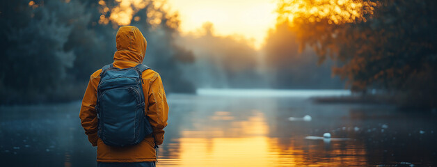 A traveller person with back pack and hat standing backward to the camera toward a lake and a jungle next to it looking at the natural waterfront 