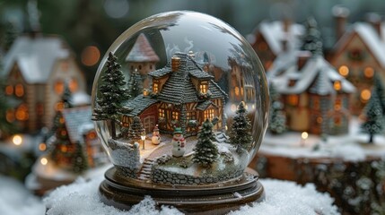 Wall Mural - Whimsical winter wonderland captured in a snow globe filled with charming houses and joyous snowman. Generative AI