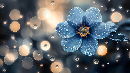 Wall Mural - Blue flower with water droplets and background blurred lights