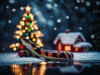 red new year snake symbol of 2025 christmas card on blurred background of fir tree garlands and festive atmosphere