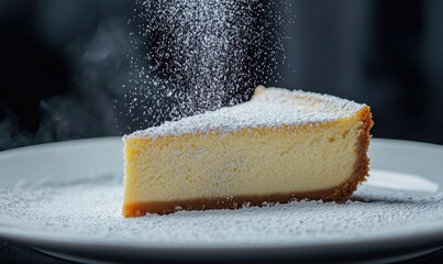 Poster - A slice of cheesecake with powdered sugar on top