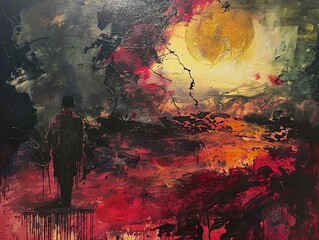 Wall Mural - Abstract Expressionist Painting of a Man Walking Towards a Distant Light