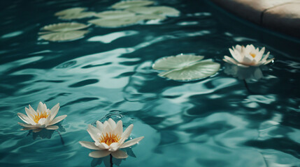 A peaceful image of white water lilies floating on rippling water, creating a tranquil and reflective atmosphere in nature.