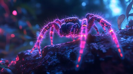 Brightly colored neon spider weaving web in mystical forest environment