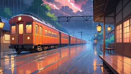 Anime Train Station raining