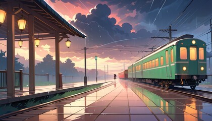 Anime Train Station raining