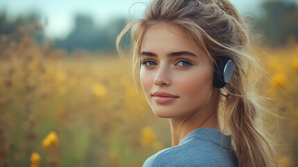 Young woman with blonde hair and blue eyes wearing headphones and looking at the camera while standing in a field of yellow flowers.