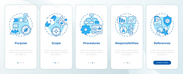 Canvas Print - Components of sop blue onboarding mobile app screen. Walkthrough 5 steps editable graphic instructions with linear concepts. UI, UX, GUI template. Montserrat SemiBold, Regular fonts used